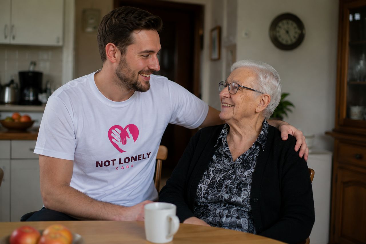 Zorgverlener van Not Lonely Care met een cliënt thuis